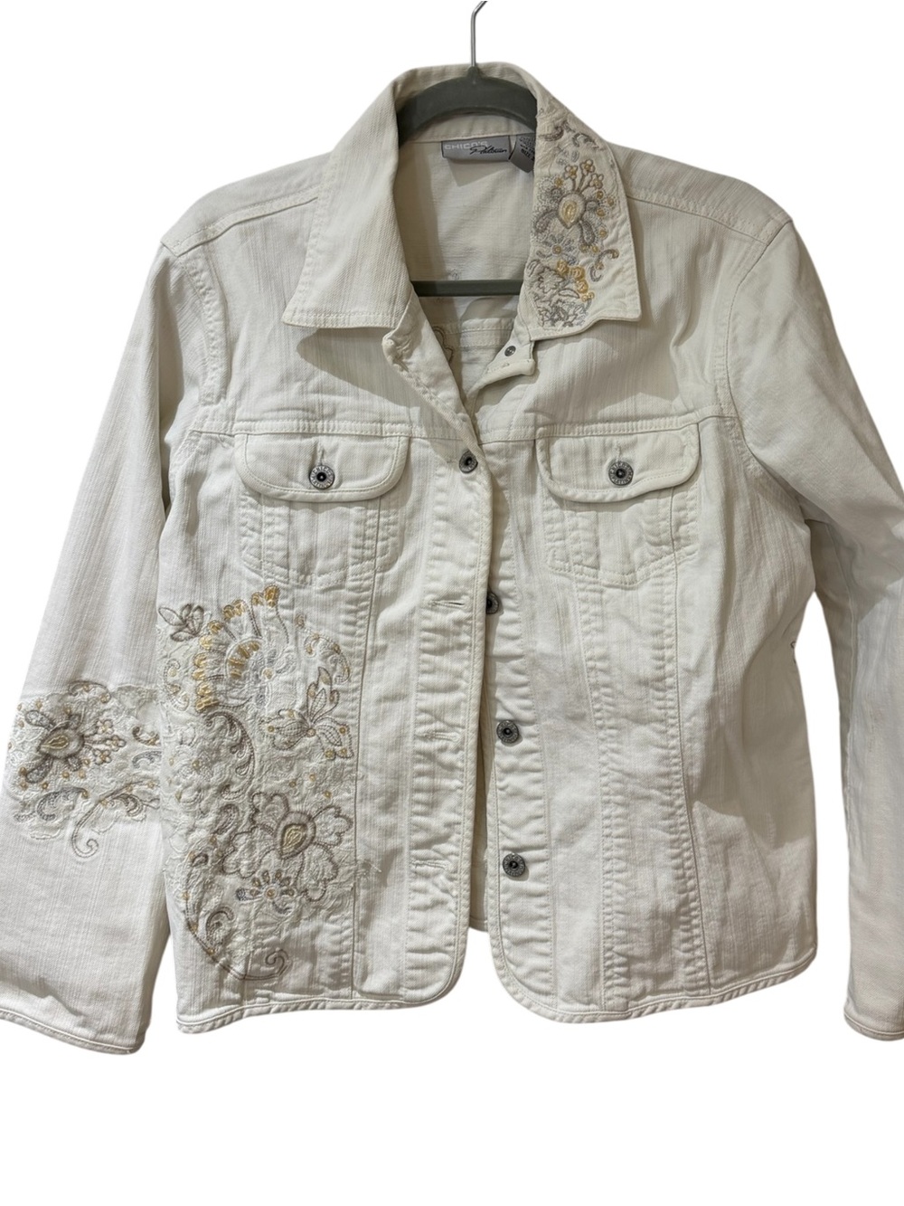 Chico's Cream Embroidered Denim Jacket with Neutral Floral Detail size 2 (large)